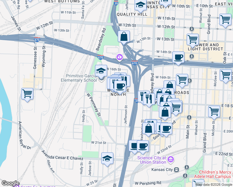 map of restaurants, bars, coffee shops, grocery stores, and more near 1700 Summit Street in Kansas City