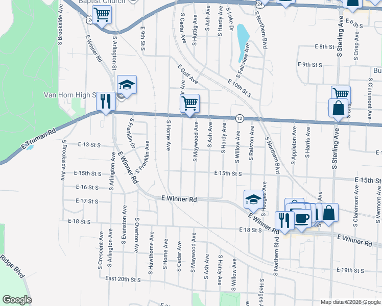 map of restaurants, bars, coffee shops, grocery stores, and more near 1404 South Maywood Avenue in Independence