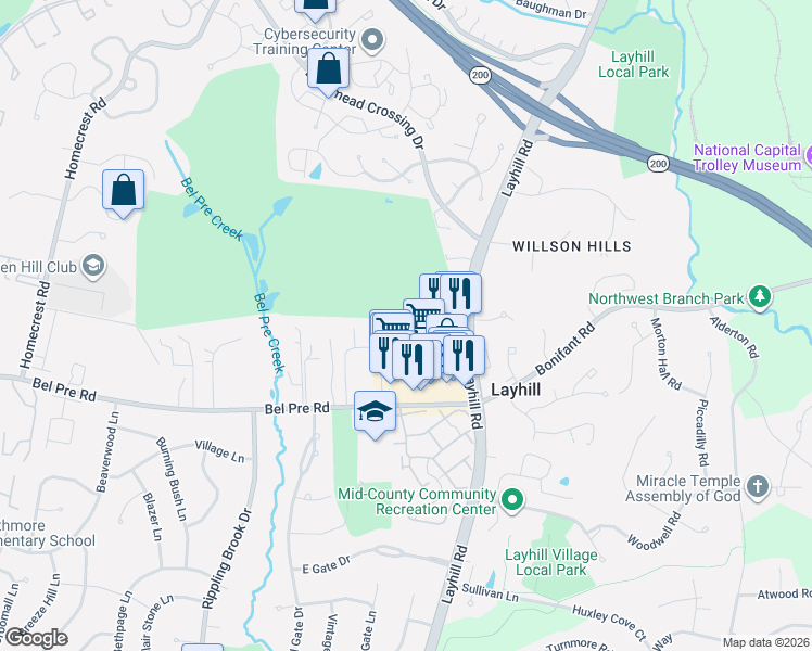 map of restaurants, bars, coffee shops, grocery stores, and more near 14415 Innsbruck Court in Aspen Hill