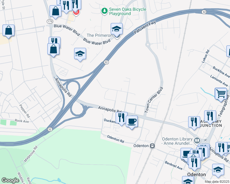 map of restaurants, bars, coffee shops, grocery stores, and more near 322 Baldwin Road in Odenton