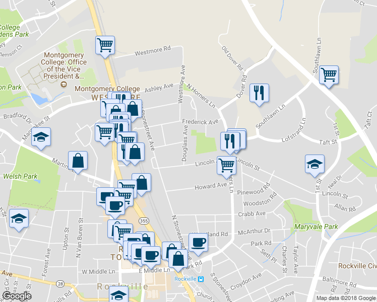 map of restaurants, bars, coffee shops, grocery stores, and more near 609 Douglass Avenue in Rockville