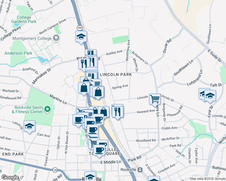 map of restaurants, bars, coffee shops, grocery stores, and more near 615 North Stonestreet Avenue in Rockville
