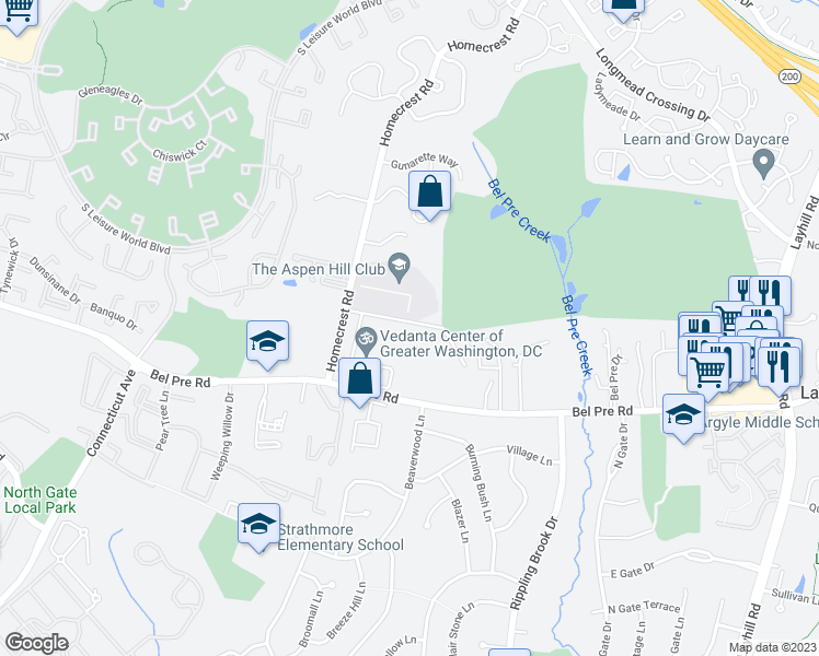 map of restaurants, bars, coffee shops, grocery stores, and more near 3000 Big Bear Terrace in Aspen Hill