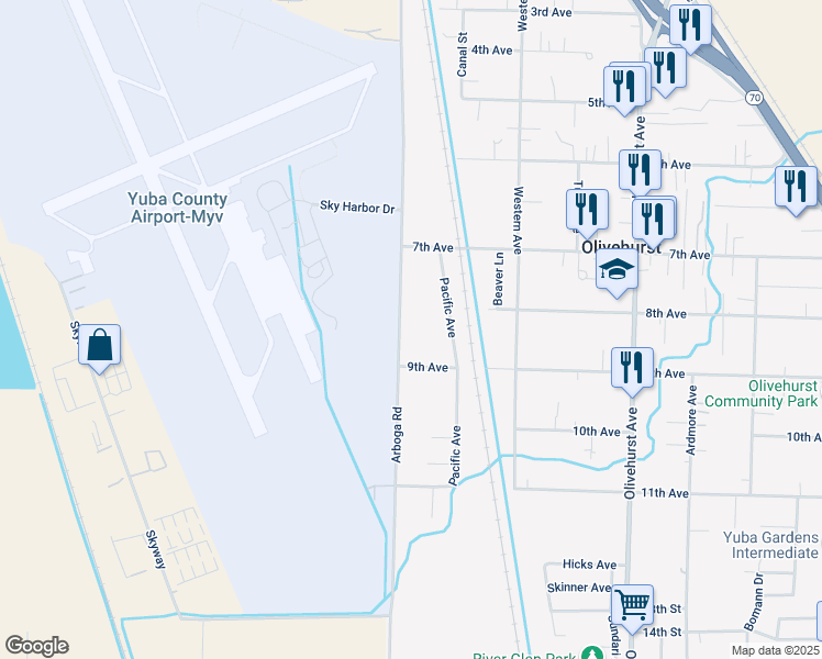 map of restaurants, bars, coffee shops, grocery stores, and more near 4803 Arboga Road in Olivehurst