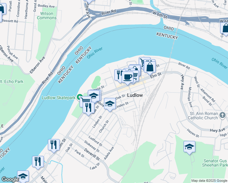 map of restaurants, bars, coffee shops, grocery stores, and more near 409 Kentucky 8 in Ludlow