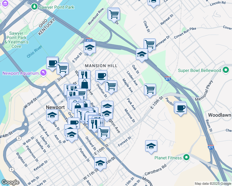 map of restaurants, bars, coffee shops, grocery stores, and more near 701 Monroe Street in Newport