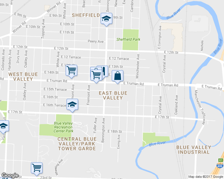 map of restaurants, bars, coffee shops, grocery stores, and more near 6620 East 15th Terrace in Kansas City