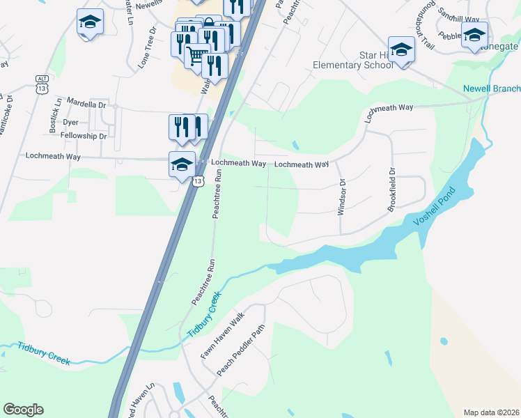 map of restaurants, bars, coffee shops, grocery stores, and more near 199 Clark Court in Dover