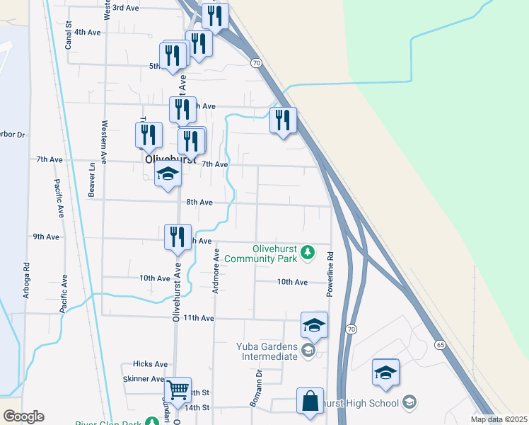 map of restaurants, bars, coffee shops, grocery stores, and more near 4797 Fleming Way in Olivehurst