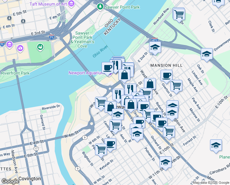 map of restaurants, bars, coffee shops, grocery stores, and more near 323 York Street in Newport