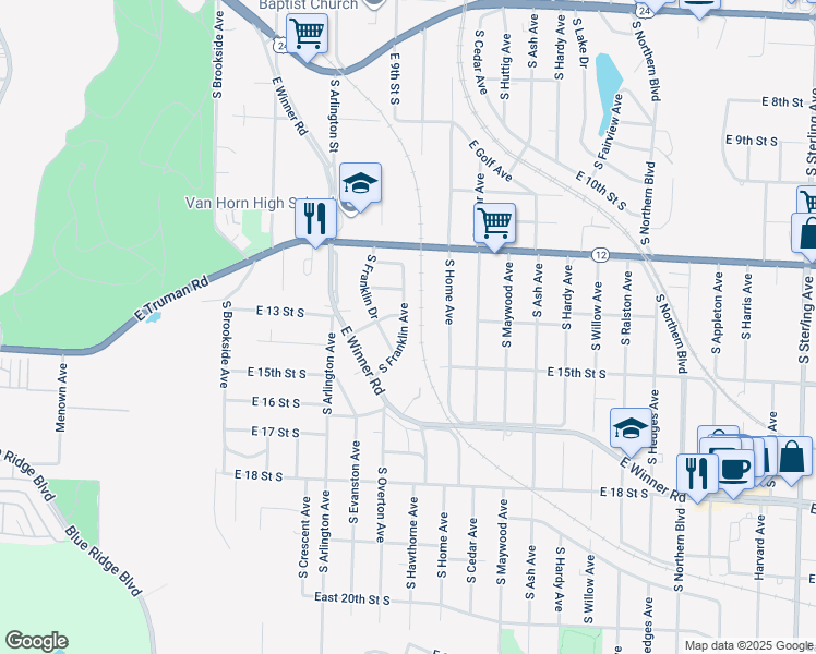 map of restaurants, bars, coffee shops, grocery stores, and more near 1405 South Franklin Avenue in Independence