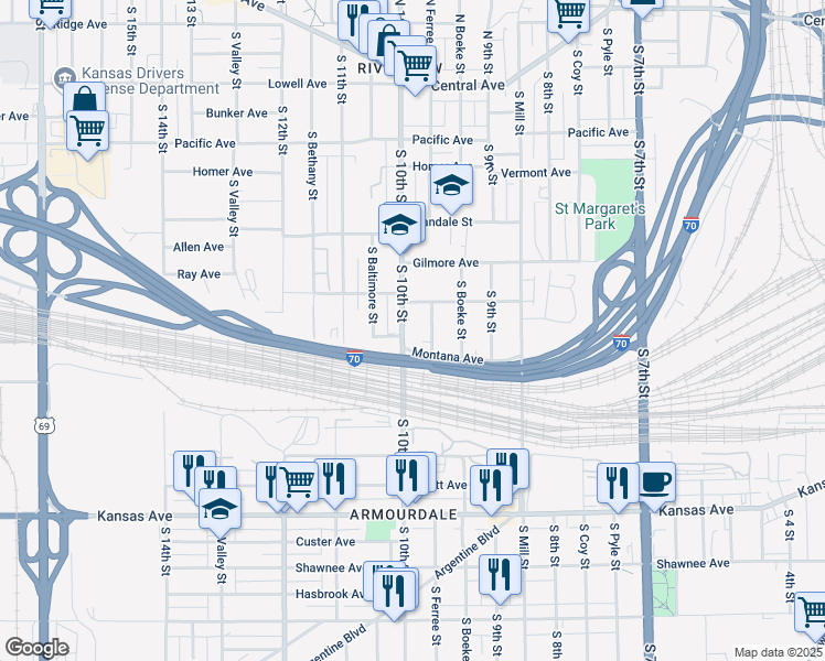 map of restaurants, bars, coffee shops, grocery stores, and more near 351 South 10th Street in Kansas City