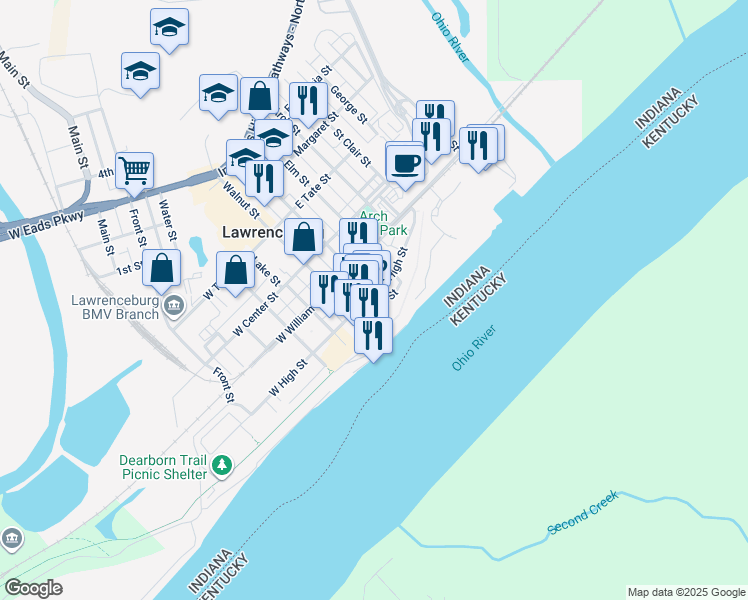 map of restaurants, bars, coffee shops, grocery stores, and more near 84 East High Street in Lawrenceburg