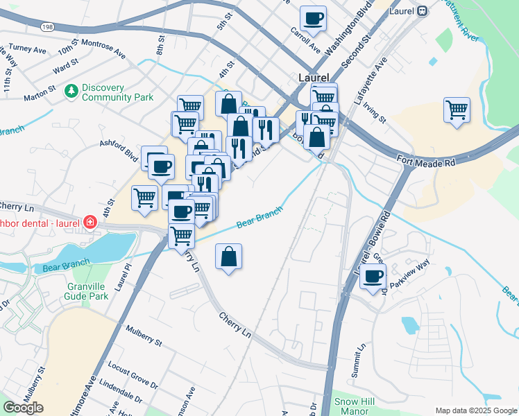 map of restaurants, bars, coffee shops, grocery stores, and more near 14717 Baltimore Avenue in Laurel