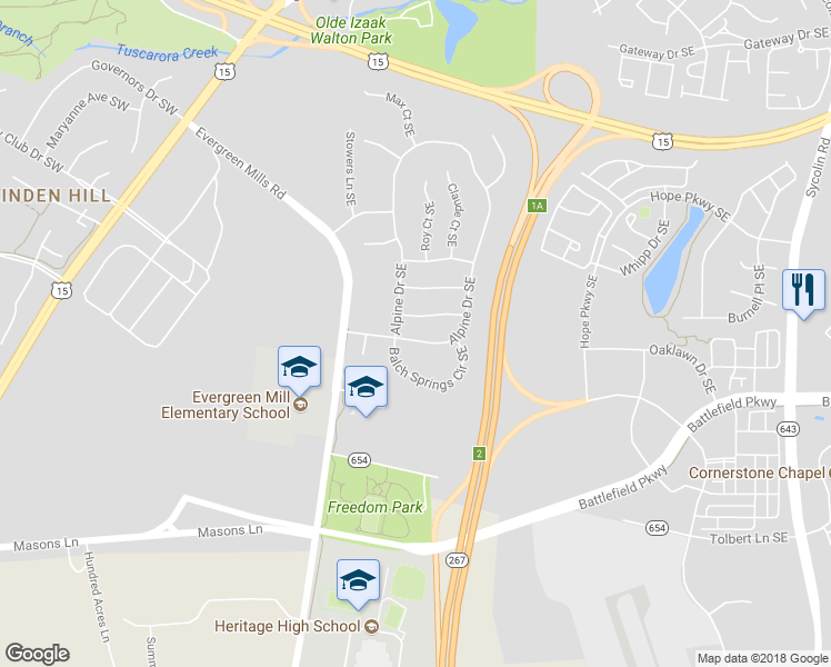map of restaurants, bars, coffee shops, grocery stores, and more near 110 Alpine Dr SE in Leesburg