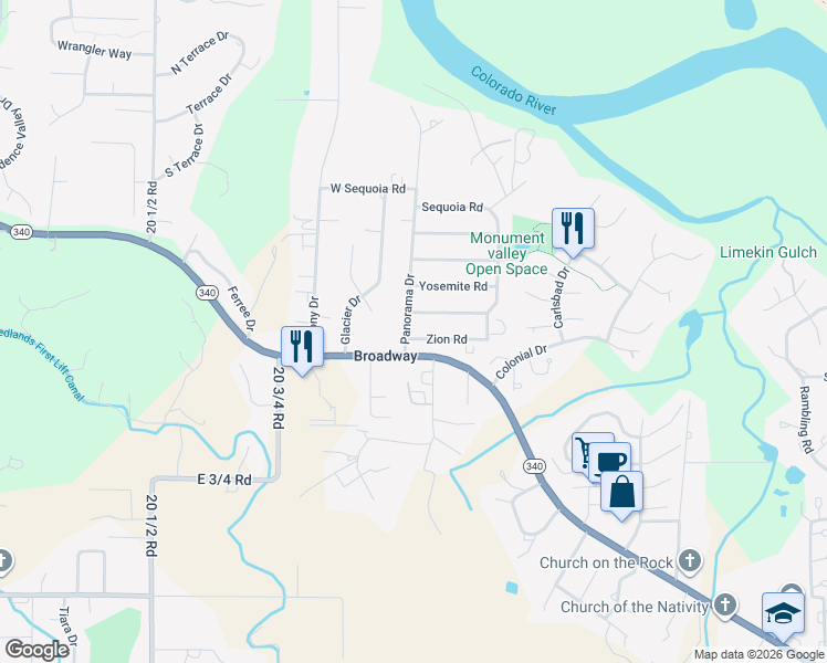 map of restaurants, bars, coffee shops, grocery stores, and more near 2102 Zion Road in Grand Junction