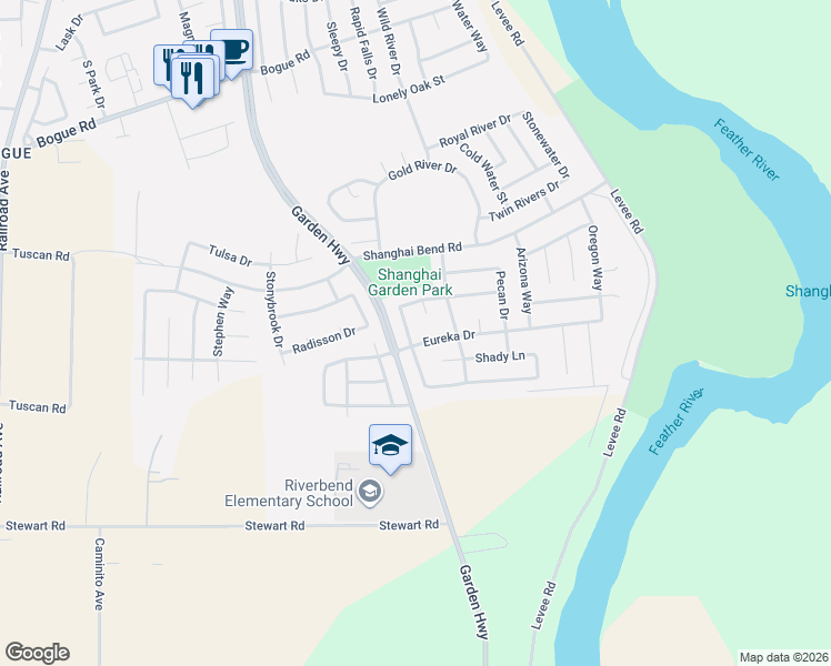 map of restaurants, bars, coffee shops, grocery stores, and more near 2485 Drummond Drive in Yuba City