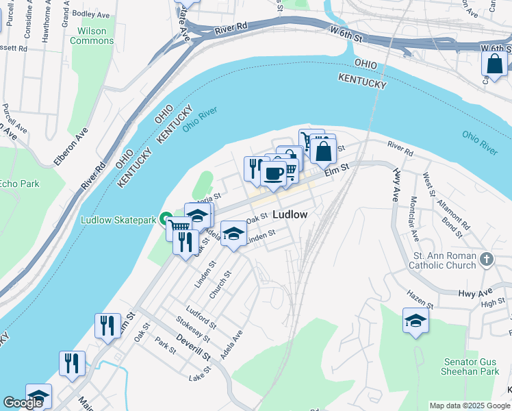 map of restaurants, bars, coffee shops, grocery stores, and more near 38 Walnut Alley in Ludlow