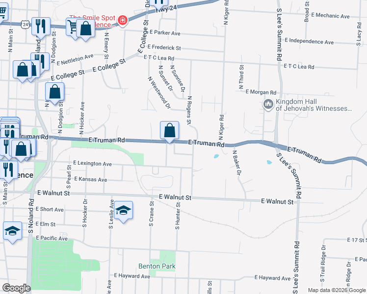map of restaurants, bars, coffee shops, grocery stores, and more near 15117 East Truman Road in Independence