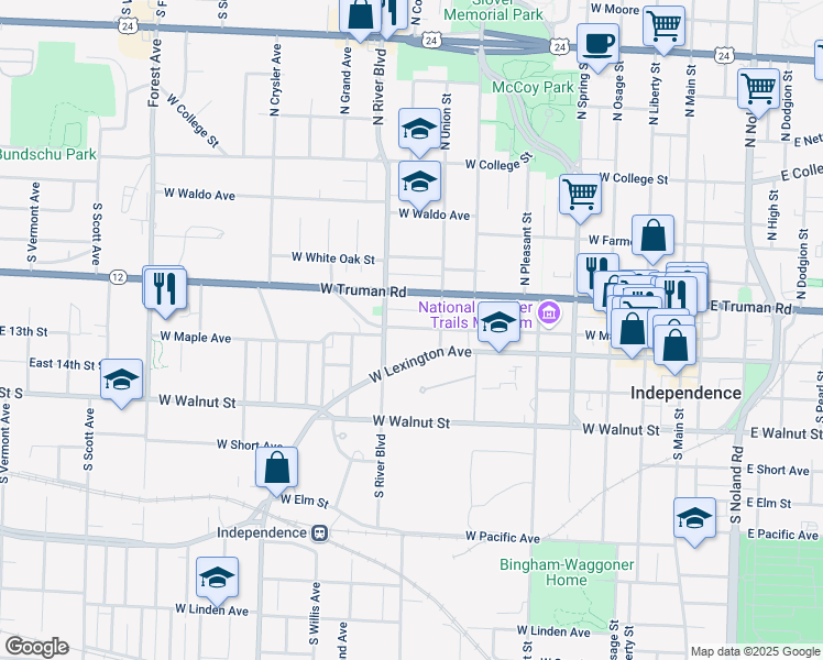 map of restaurants, bars, coffee shops, grocery stores, and more near 902 West Maple Avenue in Independence