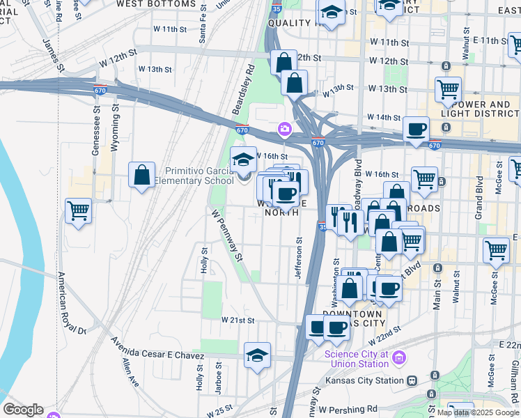 map of restaurants, bars, coffee shops, grocery stores, and more near 821 West 17 Street in Kansas City