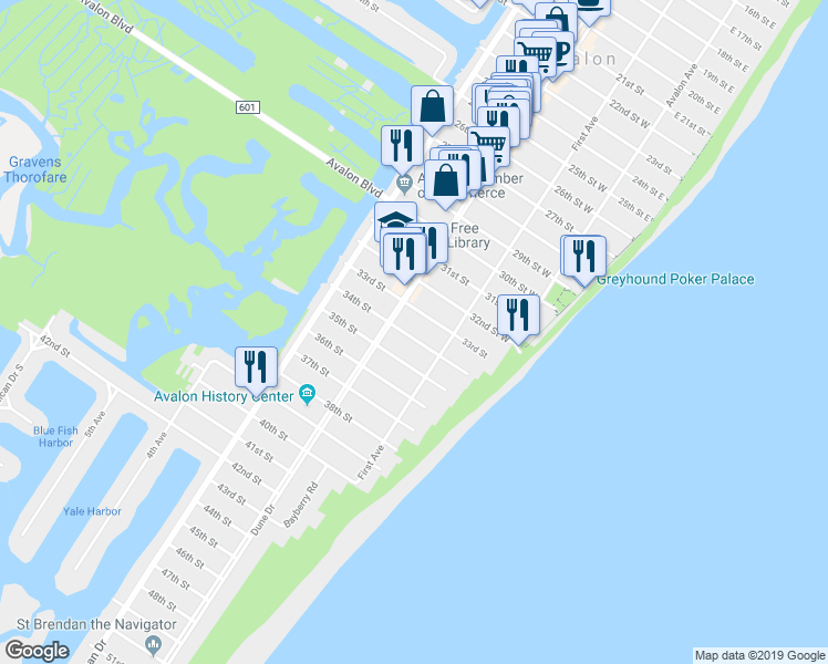 map of restaurants, bars, coffee shops, grocery stores, and more near 159 34th Street in Avalon