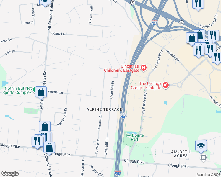map of restaurants, bars, coffee shops, grocery stores, and more near 4331 Cider Mill Drive in Cincinnati
