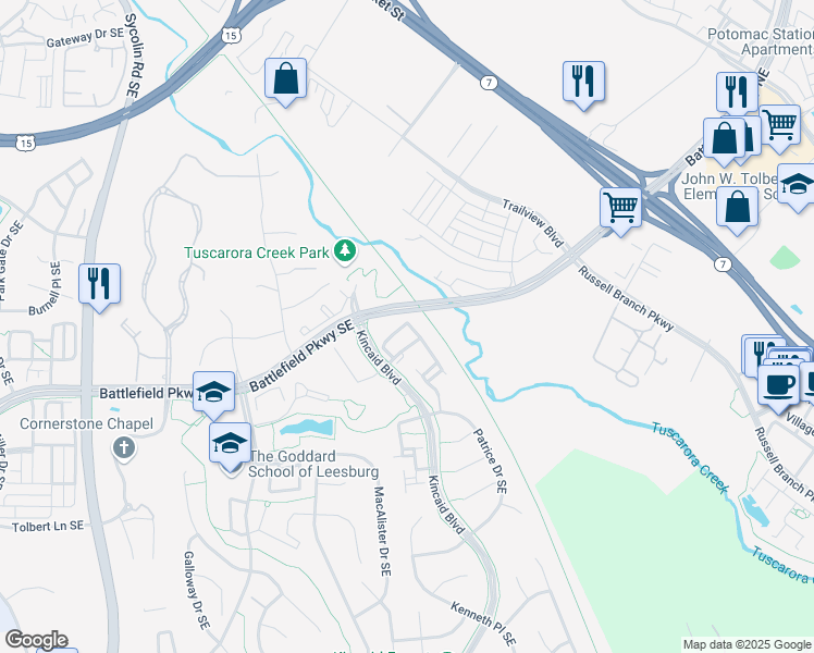 map of restaurants, bars, coffee shops, grocery stores, and more near 205 Spencer Terrace Southeast in Leesburg