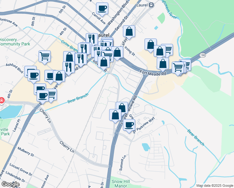 map of restaurants, bars, coffee shops, grocery stores, and more near 9135 Elaine Court in Laurel