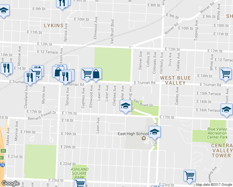 map of restaurants, bars, coffee shops, grocery stores, and more near 1531 Chelsea Avenue in Kansas City
