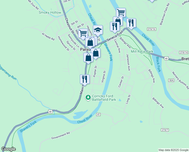 map of restaurants, bars, coffee shops, grocery stores, and more near 112 Kohler St in Parsons