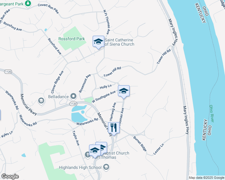map of restaurants, bars, coffee shops, grocery stores, and more near 15 West Southgate Avenue in Fort Thomas