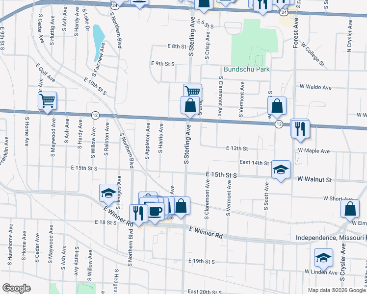 map of restaurants, bars, coffee shops, grocery stores, and more near 1320 South Sterling Avenue in Independence
