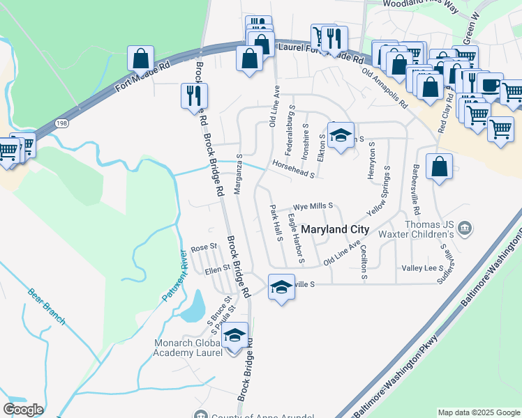 map of restaurants, bars, coffee shops, grocery stores, and more near 313 Old Line Avenue in Laurel