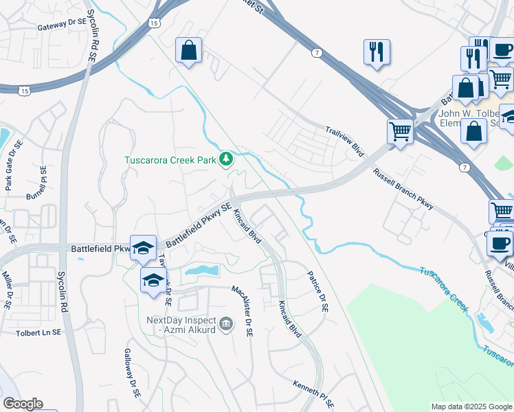 map of restaurants, bars, coffee shops, grocery stores, and more near 202 Spencer Terrace Southeast in Leesburg