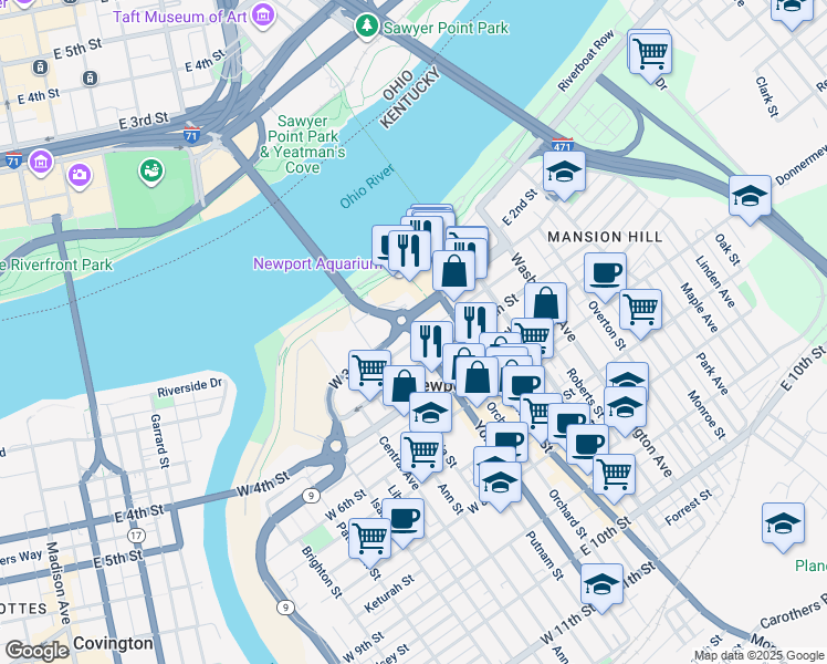 map of restaurants, bars, coffee shops, grocery stores, and more near 323 York Street in Newport