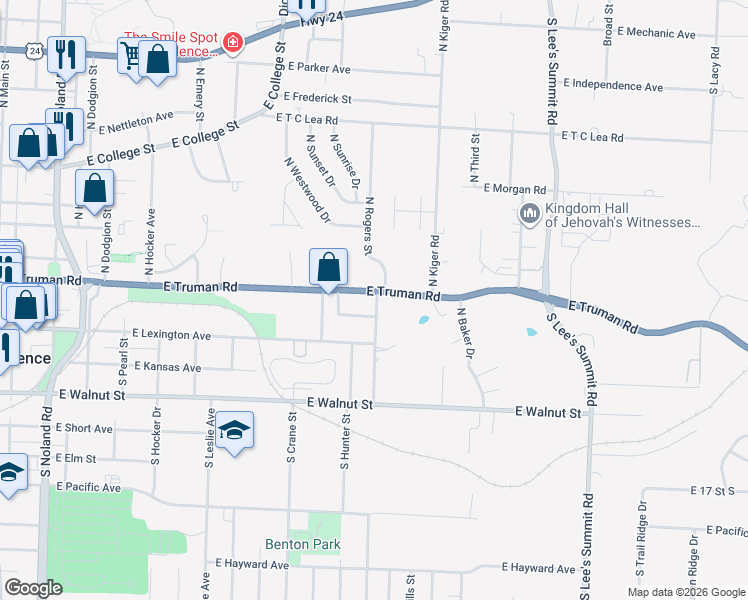 map of restaurants, bars, coffee shops, grocery stores, and more near 15117 East Truman Road in Independence