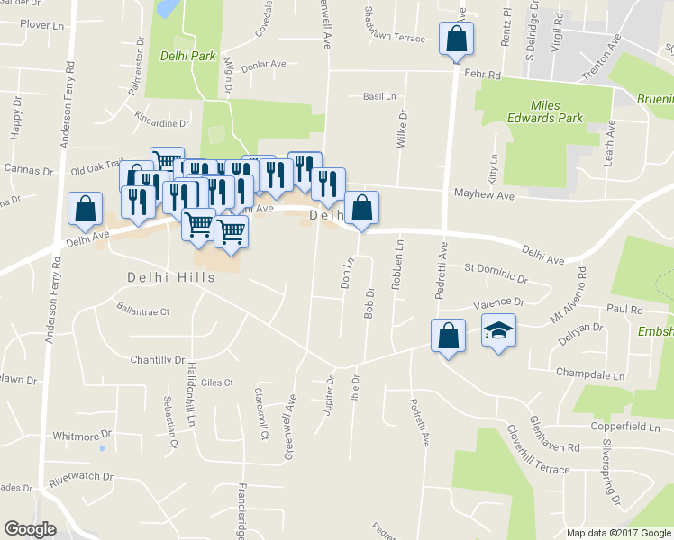 map of restaurants, bars, coffee shops, grocery stores, and more near 365 Don Lane in Cincinnati