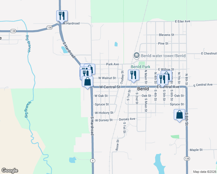 map of restaurants, bars, coffee shops, grocery stores, and more near 303 West Central Street in Benld