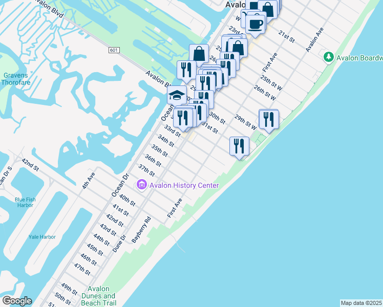 map of restaurants, bars, coffee shops, grocery stores, and more near 159 34th Street in Avalon