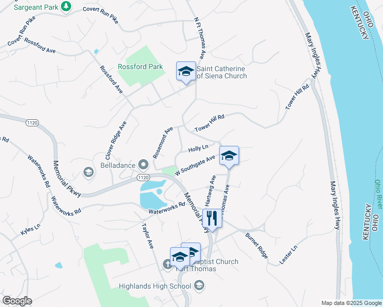 map of restaurants, bars, coffee shops, grocery stores, and more near 25 Holly Lane in Fort Thomas