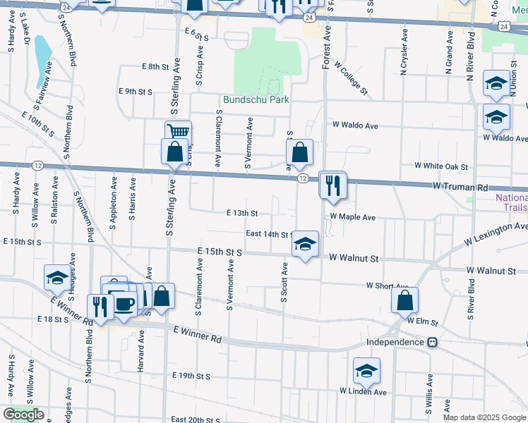 map of restaurants, bars, coffee shops, grocery stores, and more near 11418 East 13th Street in Independence