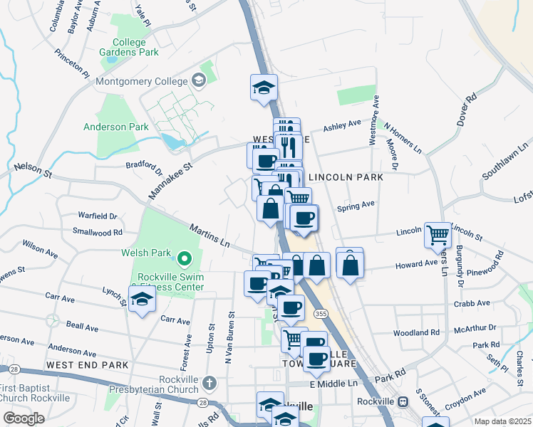 map of restaurants, bars, coffee shops, grocery stores, and more near 700 Hungerford Drive in Rockville