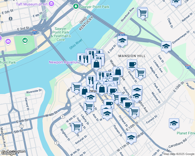 map of restaurants, bars, coffee shops, grocery stores, and more near 342 Monmouth Street in Newport