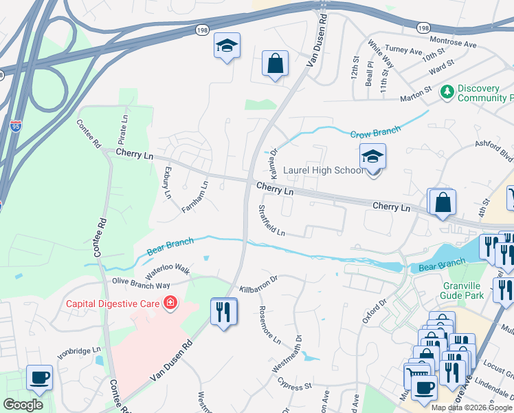 map of restaurants, bars, coffee shops, grocery stores, and more near 7607 Stratfield Lane in Laurel