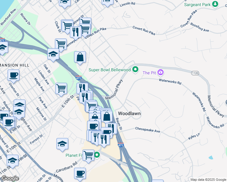 map of restaurants, bars, coffee shops, grocery stores, and more near 101 Memorial Parkway in Bellevue