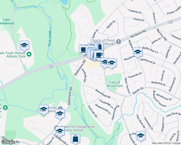 map of restaurants, bars, coffee shops, grocery stores, and more near 5572 Burnside Drive in Rockville