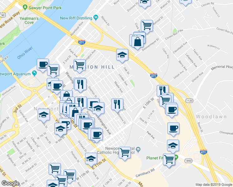 map of restaurants, bars, coffee shops, grocery stores, and more near 719 Park Avenue in Newport