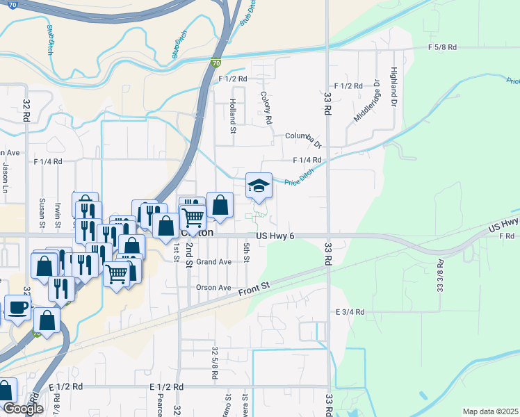 map of restaurants, bars, coffee shops, grocery stores, and more near 3276 F Road in Clifton