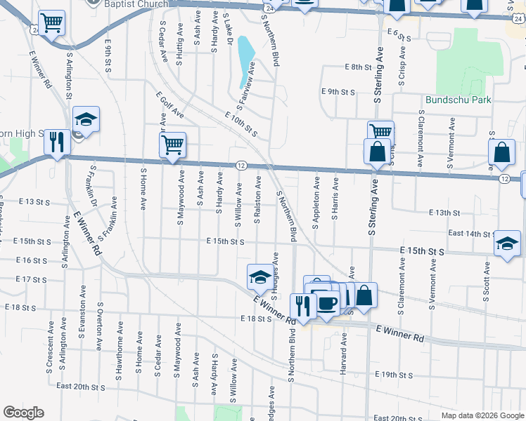map of restaurants, bars, coffee shops, grocery stores, and more near 1406 South Hedges Avenue in Independence